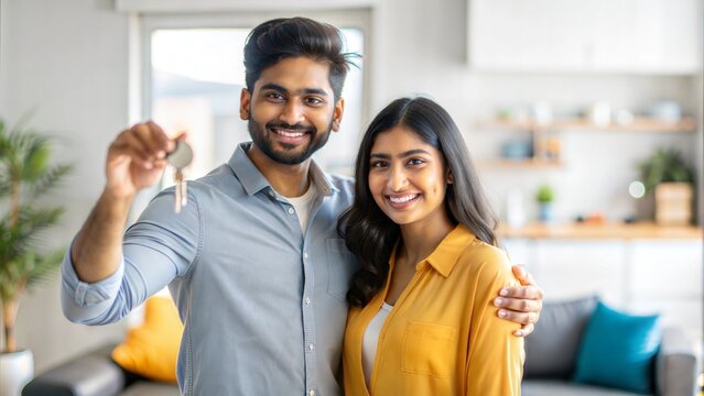 Satisfied young indian spouses show keys at own flat in living room, enjoy moving, buying new home, renting house together, copy space