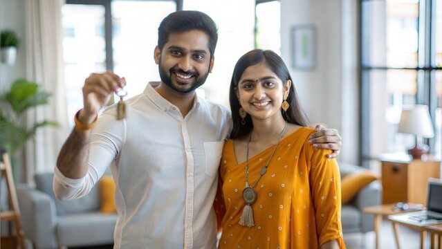Satisfied young indian spouses show keys at own flat in living room, enjoy moving, buying new home, renting house together, copy space