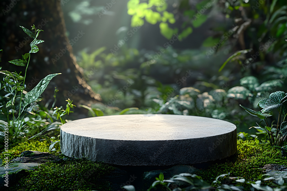 Sticker Stone podium at magic forest, plants, green moss, herbs, dew - 3D mockup background beauty product presentation concept. Copy space platform for Cosmetics, perfume fashion sales advertising stand.