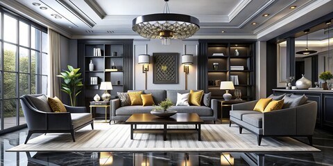 A refined black and grey interior design harmonizes modern furnishings with tasteful decorative touches, crafting an