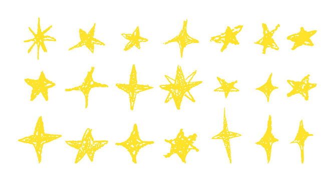 Set of gold chalk drawing stars. Shine or sparkle doodle collection. Children style yellow wax pencil handdrawing elements of night sky. Crayon scratch grunge texture star shapes. Vector illustration