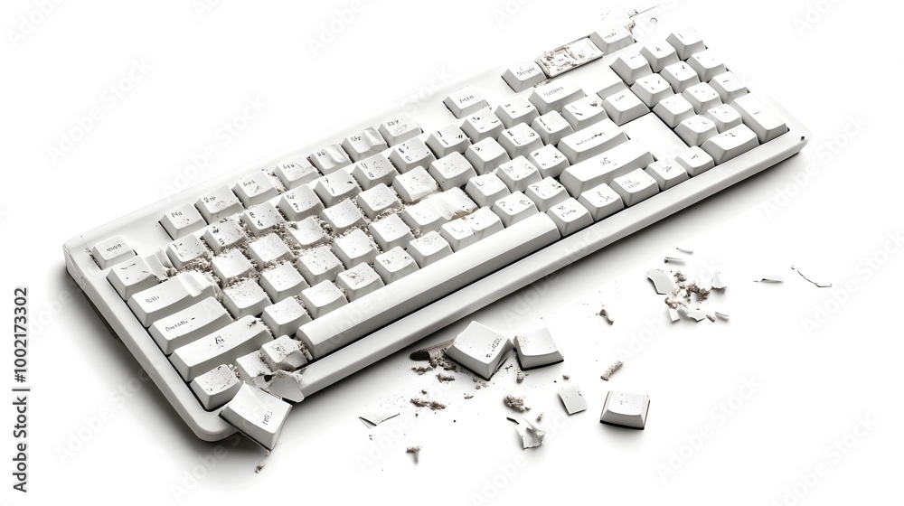 Poster Broken and Cracked Computer Keyboard with Several Missing Keys Isolated on a Plain White Background Depicting Technology Failure and Equipment Malfunction