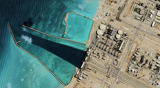 Qatar's Ras Laffan Oil Refinery from a bird's eye view in the Persian Gulf