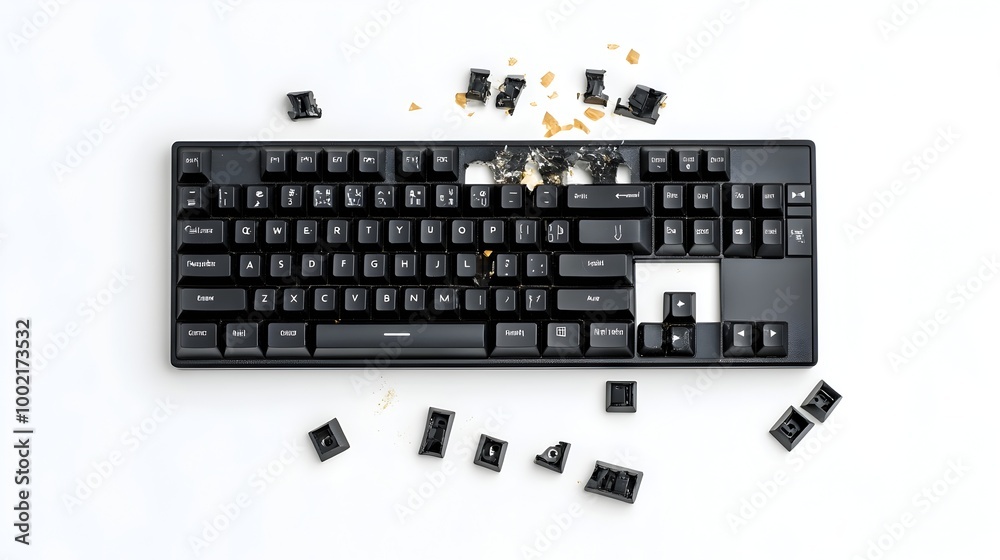 Poster broken and cracked keyboard isolated on white backdrop damaged and dysfunctional office technology d