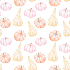 Orange, red and pink pumpkins. Watercolor seamless pattern on white background for children's textiles and wrapping paper. Cute autumn illustration