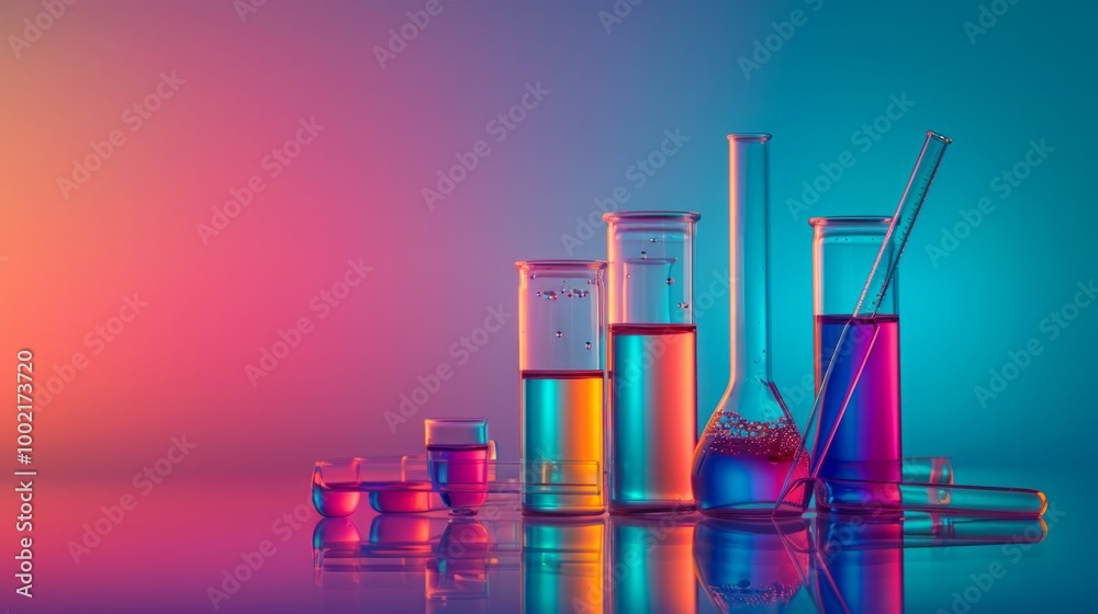 Wall mural glass beakers and test tubes filled with colorful liquids on a reflective surface illuminated by vib