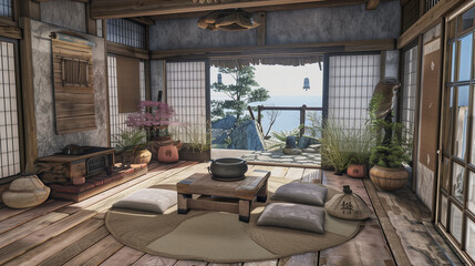 Home Interior Japanese-style wood and stone feel furniture, a pot stove, and a Zen garden 