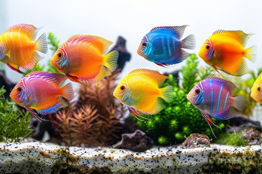 Colorful discus fish swimming in a tank with green plants. AI generative. .