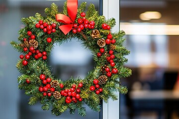 Festive wreath with red berries on glass door