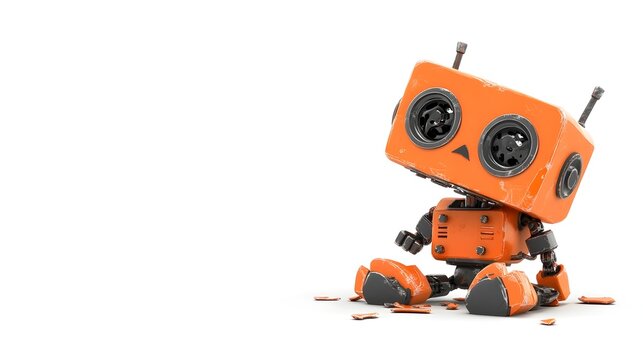 Broken and Disassembled Toy Robot with its Head Detached and Wheels Missing Isolated on a Clean White Background Symbolizing Technology Decay Obsolescence and Nostalgia for the Future