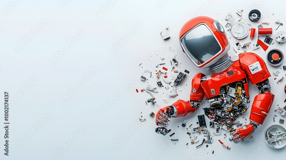 Poster Broken and Disassembled Action Figure with Missing Limbs and Parts Scattered Isolated on Clean White Studio Background Creative Concept of Decay Neglect and Destruction