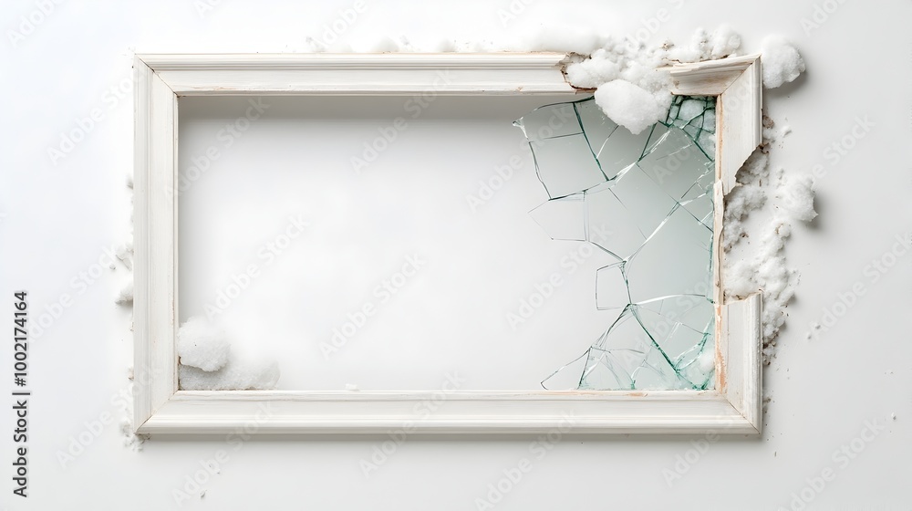 Poster Broken and shattered glass window frame hanging loosely isolated on a plain white background  The damaged and deteriorating architectural element creates an abstract minimalistic