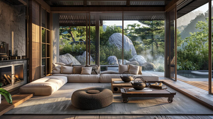 Fototapeta premium Home Interior Japanese-style wood and stone feel furniture, a pot stove, and a Zen garden 