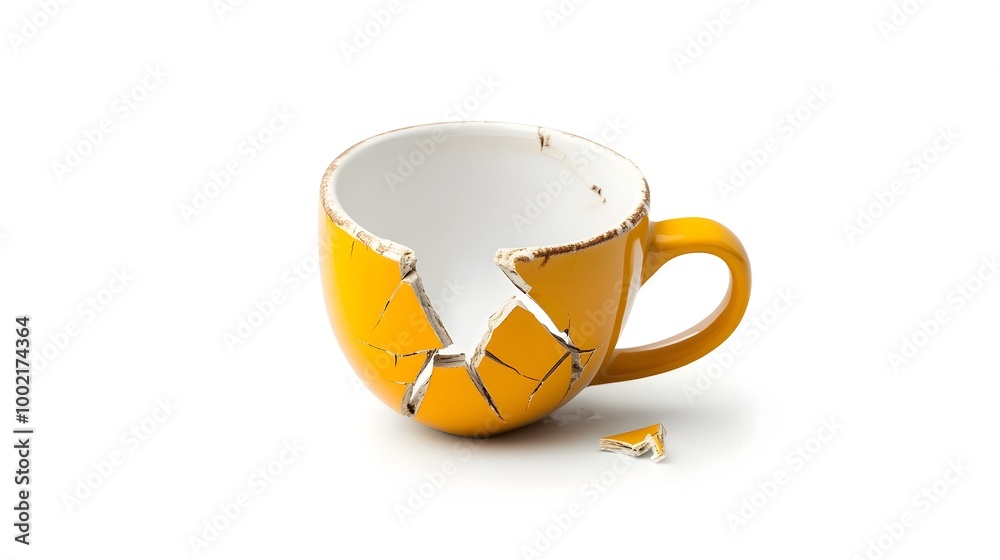 Poster broken ceramic coffee cup with cracks and splatter isolated on a clean white background conceptual i