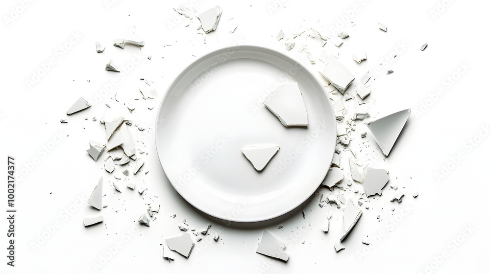 Aufkleber broken ceramic plate with shattered fragments and pieces scattered around on a clean white backgroun