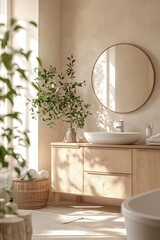 Fototapeta premium A serene, Zen-inspired bathroom with a wooden cabinet, neutral-toned walls, potted plants, and a large circular mirror reflecting warm, natural light, creating a calming, harmonious atmosphere