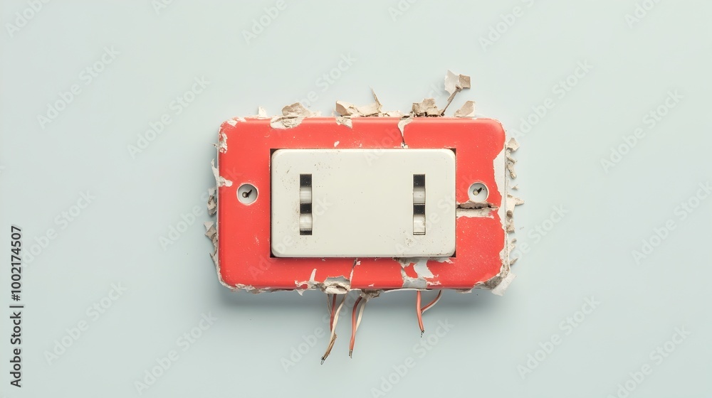Poster broken light switch with cracked cover and exposed wires isolated on a clean white background electr