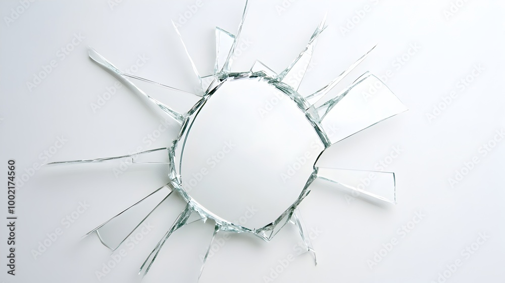 Poster broken mirror shards with jagged dangerous fragments isolated on a crisp white background conceptual
