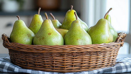 A basket of green pears, placed on the dining table in front of you. Created with Ai