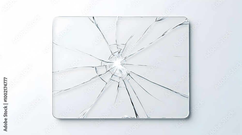 Poster Broken tablet screen with deep intricate cracks running across the glass isolated against a clean white background  This image represents technology failure device malfunction