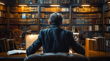 Back view of a man sitting in a library with bookshelves behind him. AI generative. .