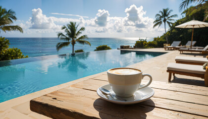 Café au bord de la piscine avec vue sur l'océan