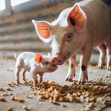 Sow and piglet sharing a tender moment in piggery