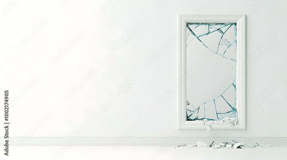 Poster broken window frame with shattered glass hanging loosely isolated on clean white background architec