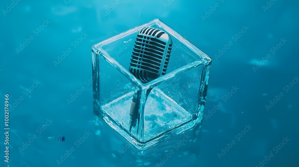 Aufkleber Captivating abstract composition featuring a microphone encased within a glass cube with reflections and refractions creating mesmerizing optical illusions and a modern minimalistic visual aesthetic