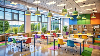 Brightly lit modern classroom featuring stylish furnishings, promoting imaginative learning and collaborative