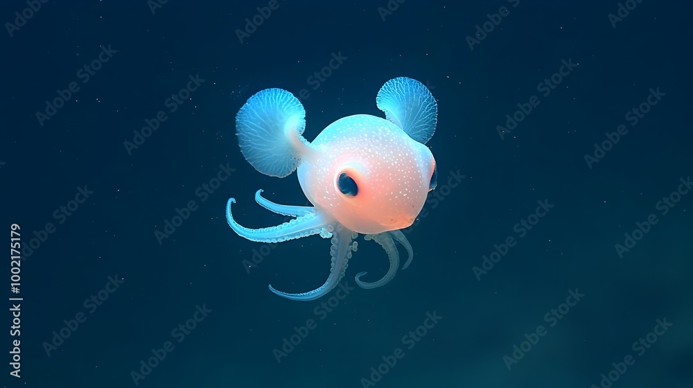 Poster captivating close up of a graceful dumbo octopus its ear like fins flapping as it floats through the