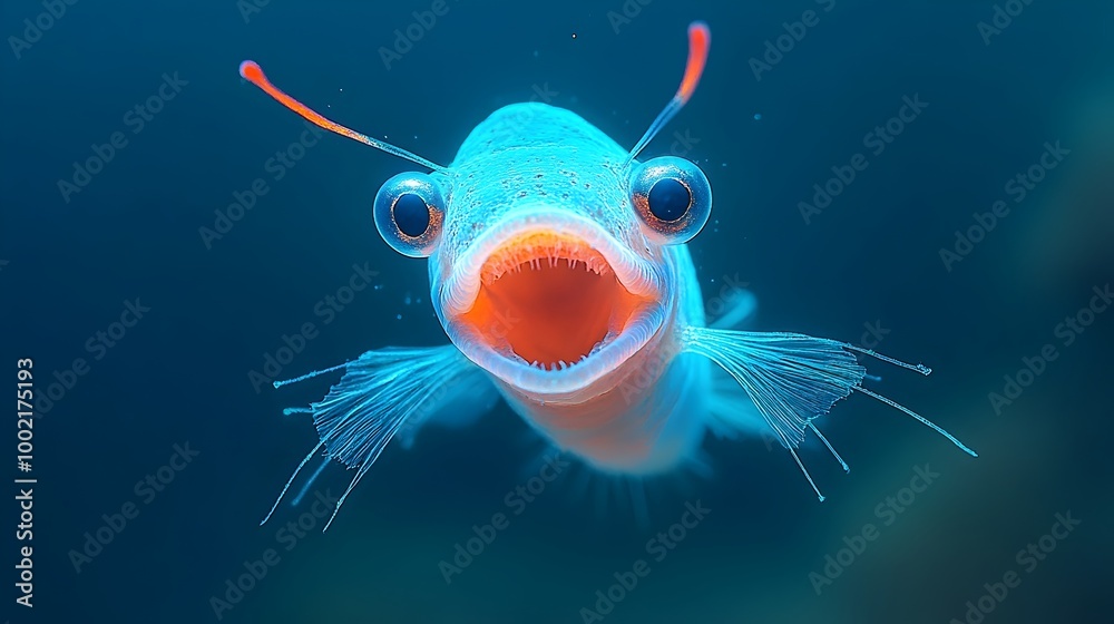 Poster captivating close up of a gulper eel with its wide open mouth and elongated luminous body revealing 