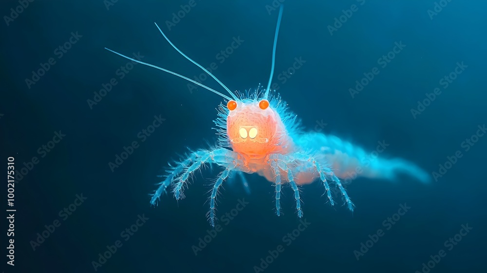 Poster Captivating Close up of a Faintly Bioluminescent Amphipod Crustacean in the Mysterious Depths of the Ocean