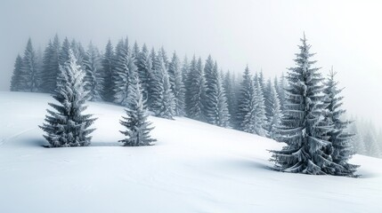 Fototapeta premium Snowy forest with fog, frost-covered pine trees, and a vast expanse of snow. AI generative. .