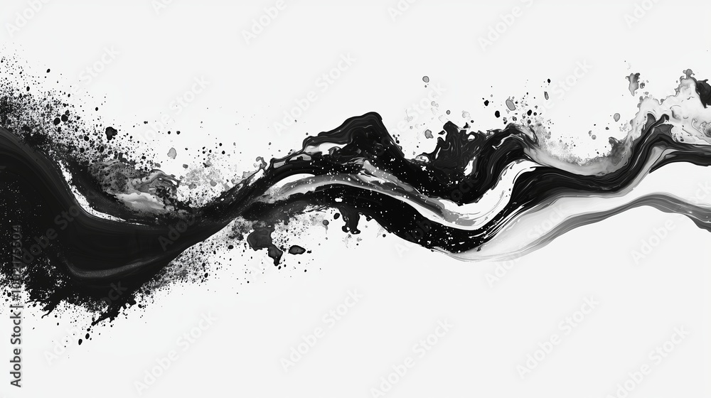 Poster abstract black and white fluid art with dynamic splashes and smooth waves created on a blank canvas