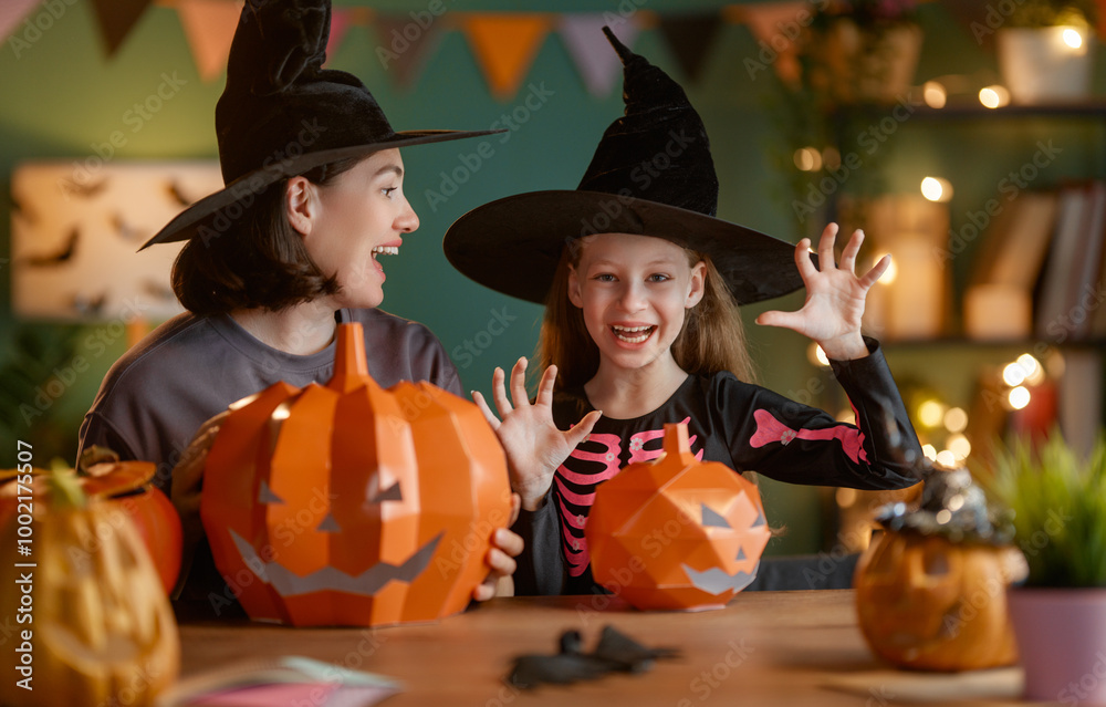 Poster Happy family preparing for Halloween.