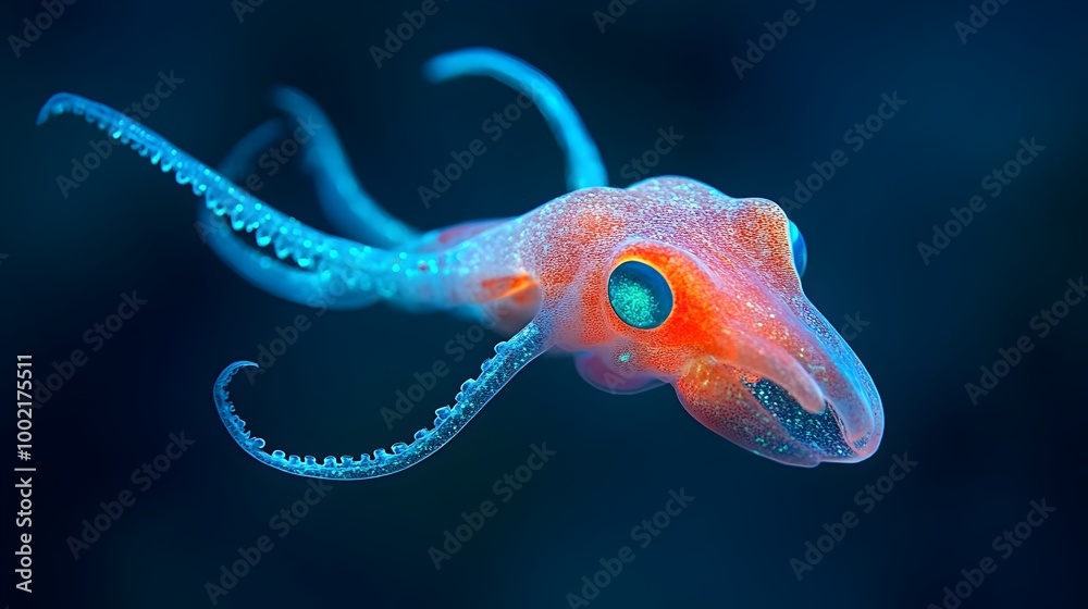 Poster Captivating close up shot of a vibrant vampire squid its bright red body and ethereal glowing tentacles on full display in the mysterious depths of the ocean