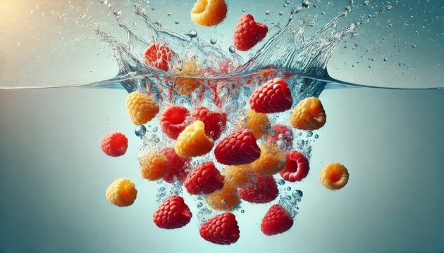 Raspberries splashing into clear water on a light background. Fresh fruit and hydration concept.