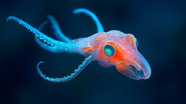 Captivating close up shot of a vibrant vampire squid its bright red body and ethereal glowing tentacles on full display in the mysterious depths of the ocean