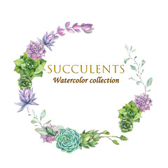 Succulents Collection. Watercolor Illustration. Green, Lilac, Blue Flowers. Frame Wreath. Design Element for Postcards, Invitations, Posters, Packaging, Blogs, Websites
