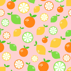 Vector seamless pattern with yellow lemon, green lime and orange on pink background