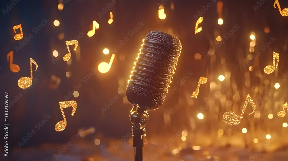 Poster Captivating image of a glowing microphone surrounded by a mesmerizing array of floating musical notes set against a soft blurred bokeh background creating an ethereal and inspired visual composition
