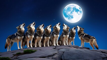 Immerse yourself in the enchanting atmosphere of a full moon night with this captivating image of a pack of wolves howling atop a rocky hill. 