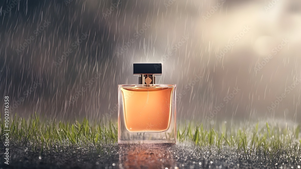 Aufkleber Captivating image of a luxury perfume bottle standing amidst a mystical atmosphere with mist rising from the ground and soft halo like lighting creating an enchanting ethereal scene