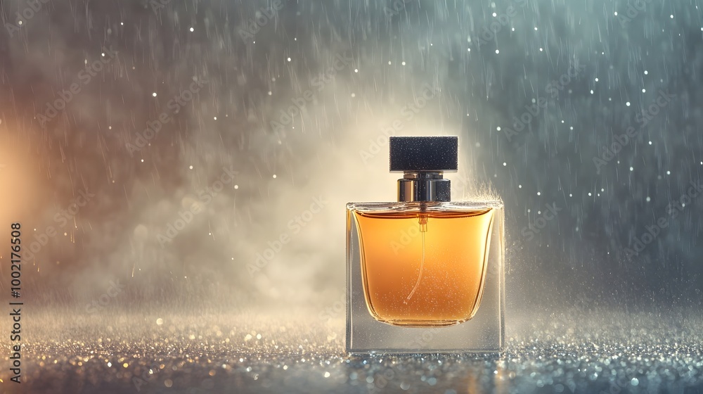 Leinwandbilder captivating luxury perfume bottle standing in the rain with mist rising from the ground and soft dif