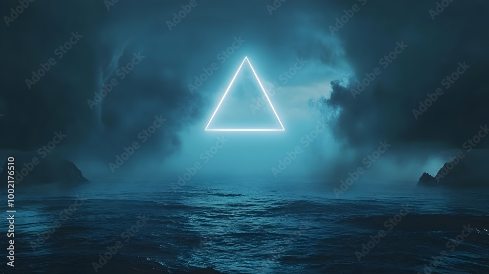 Aufkleber Captivating image showcasing a glowing triangular formation in the sky over the Bermuda Triangle casting an unnatural luminous light across the tranquil sea below  The ethereal