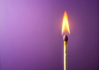 Burning Matchstick on Purple Background, Striking Fire Visual for Minimalist and Creative Designs
