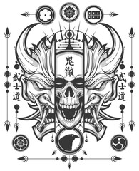 Illustration of a skull with japanese oni mask