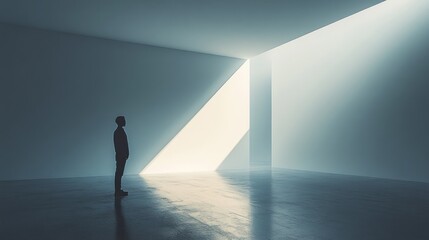 A solitary figure stands in a minimalistic space illuminated by light.