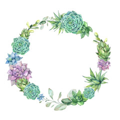 Succulents Collection. Watercolor Illustration. Green, Lilac, Blue Flowers. Frame Wreath. Design Element for Postcards, Invitations, Posters, Packaging, Blogs, Websites